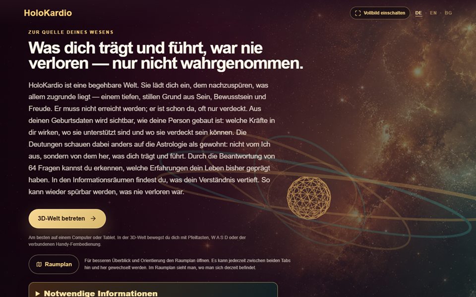 Startseite der HoloKardio 3D-Welt mit goldenem Netzkörper vor Sternenhimmel
