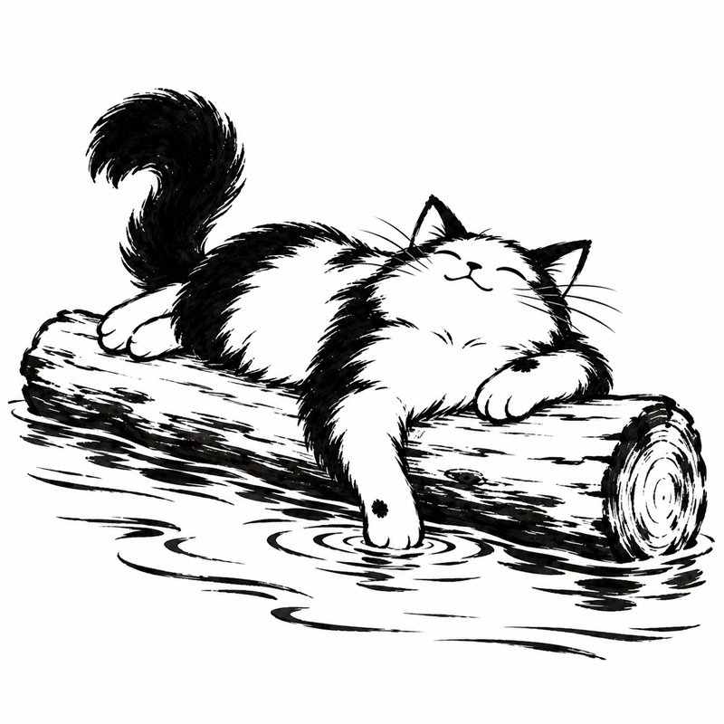 Kater Dao liegt entspannt auf einem Baumstamm im Wasser, Tuschezeichnung